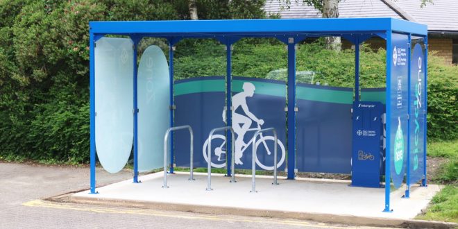 NHS Powys Teaching Health Board 1 Falco and Solarcycle debut bike shelters with 100% renewable e-bike charging