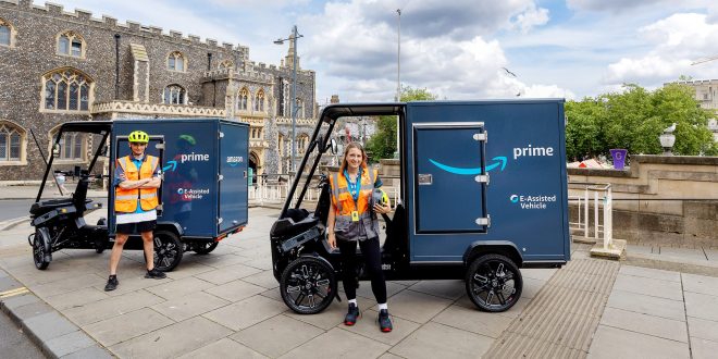 New electic cargo bikes in front of Norwich Guildhall. Photography by UNP scaled e1723049443432 Amazon begins e-cargo bike deliveries in Norwich